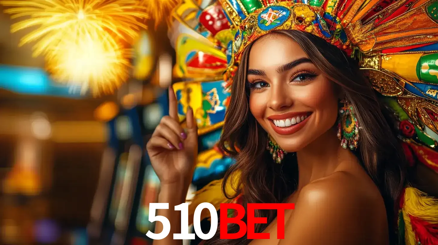 Mulher sorridente com um cocar de carnaval vibrante e colorido, celebrando uma grande vitória nos jogos do cassino 510BET com fogos de artifício ao fundo.
