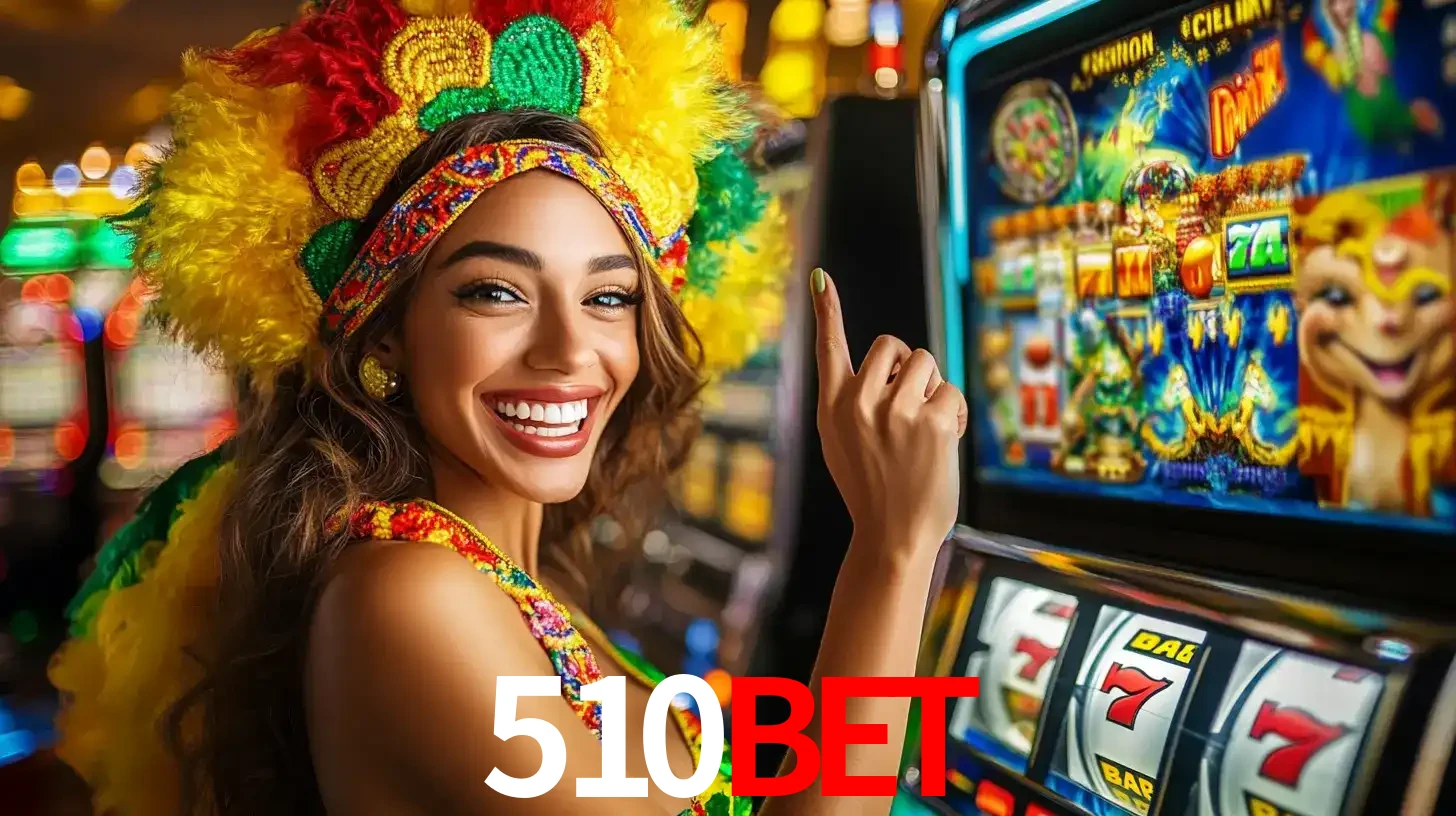 Mulher animada com um cocar de carnaval apontando para uma máquina de caça-níqueis, mostrando a emoção de ganhar um grande prêmio nos jogos do 510BET.