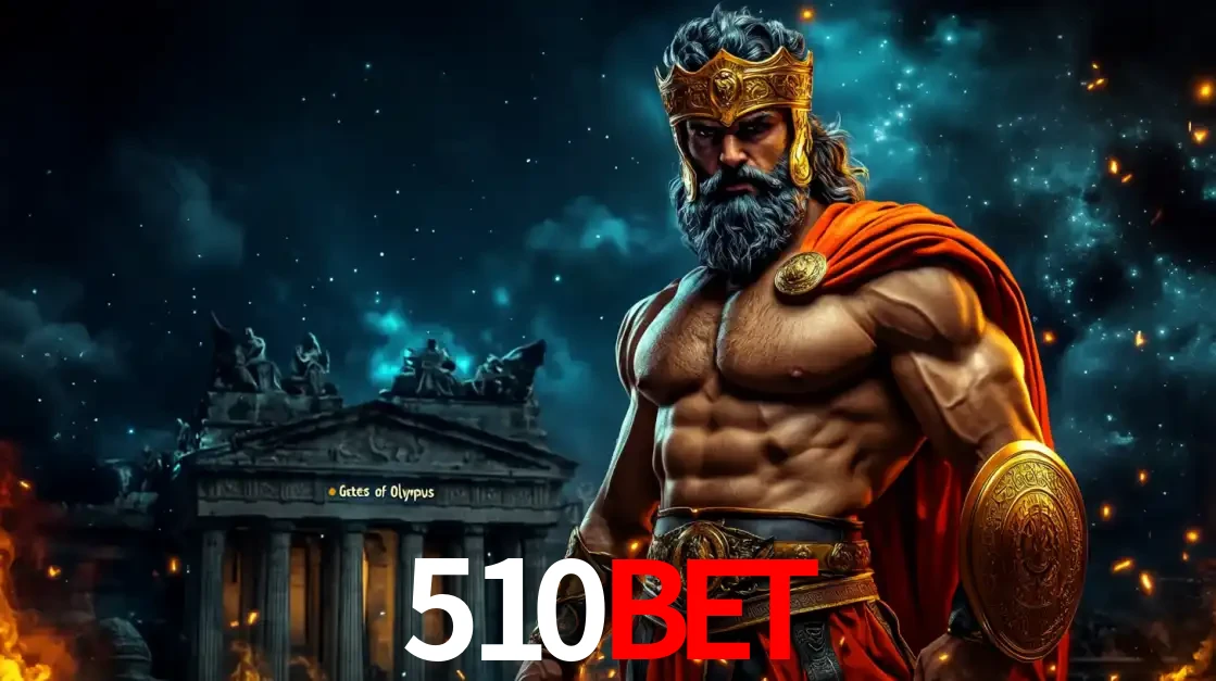 O poderoso Zeus do jogo de slot Gates of Olympus em frente ao seu templo, pronto para lançar multiplicadores divinos e prêmios épicos no cassino online 510BET.
