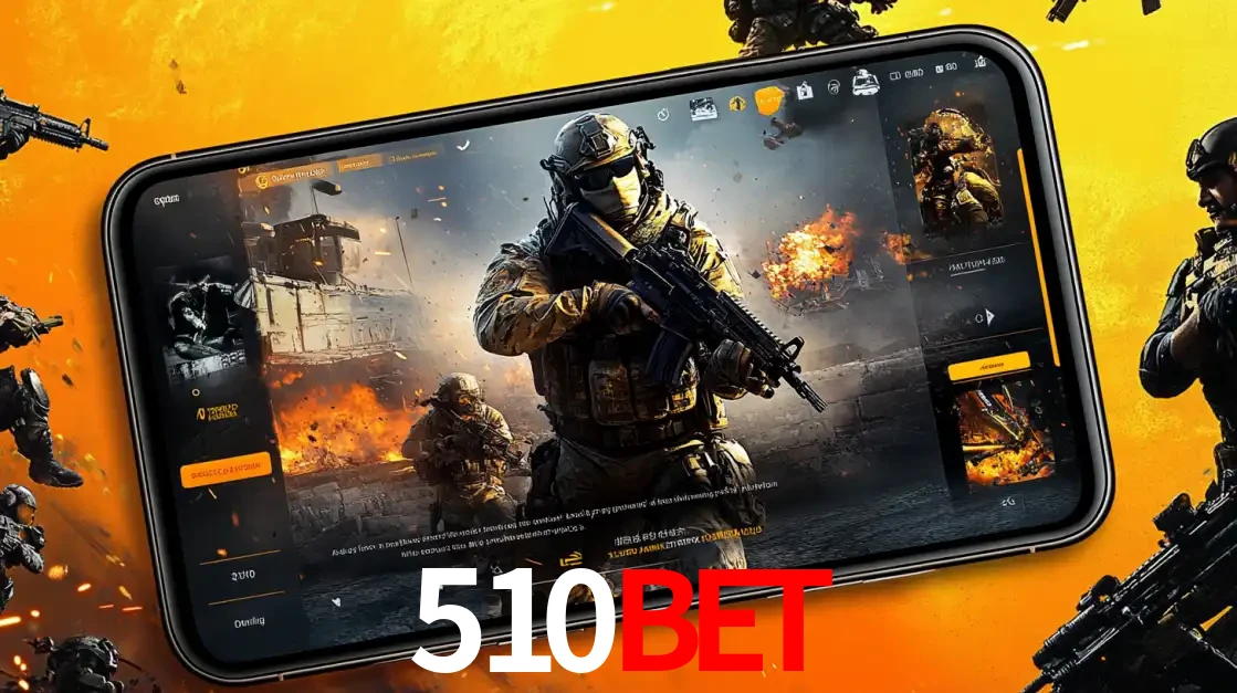 Um smartphone exibindo a interface de um jogo de tiro em primeira pessoa, com um soldado em um cenário de batalha, representando a ação dos e-sports para apostar no 510BET.