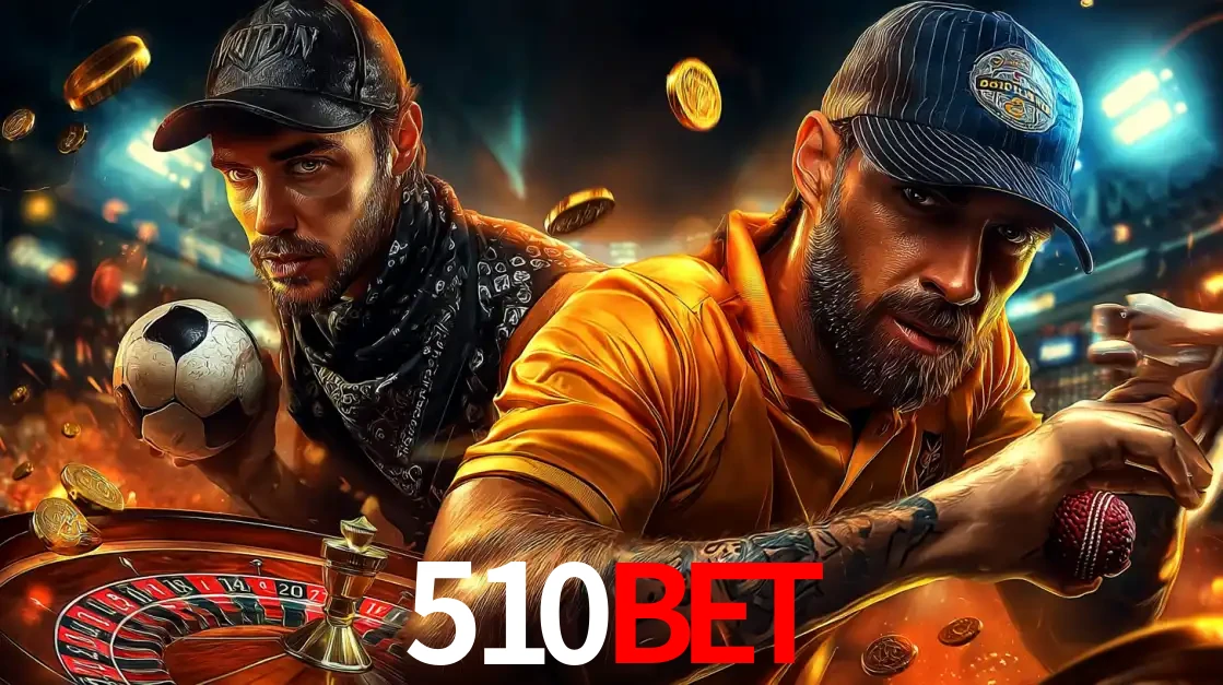 Montagem de apostas esportivas e cassino no 510BET, com um homem segurando uma bola de futebol e outro uma de beisebol sobre uma roleta e moedas voadoras.