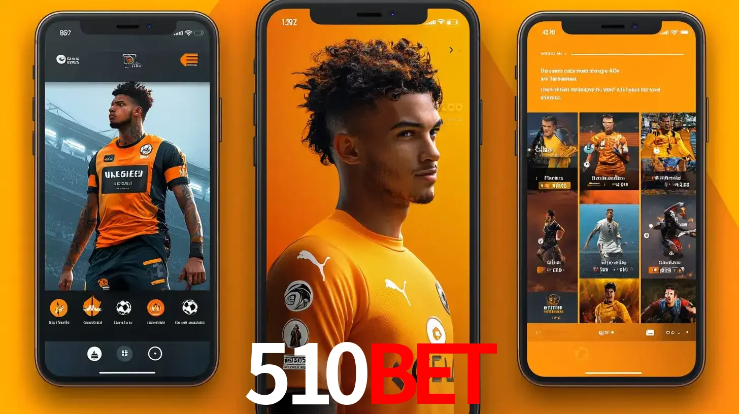 Interface do aplicativo de apostas esportivas 510BET em três telas de celular, mostrando o perfil de um jogador de futebol e a lista de jogos disponíveis para apostar.