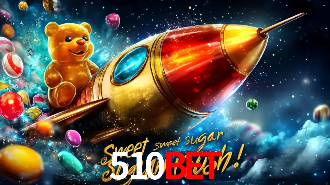 Arte promocional do jogo de slot Sugar Rush, com um urso de pelúcia em um foguete viajando pelo espaço de doces, um dos jogos divertidos disponíveis no cassino 510BET.