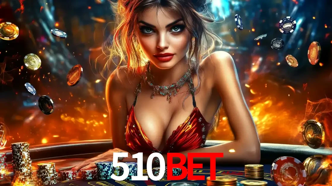 Mulher em uma mesa de cassino com pilhas de fichas e um fundo de fogo, pronta para uma rodada de altas apostas nos jogos de mesa emocionantes do cassino 510BET.