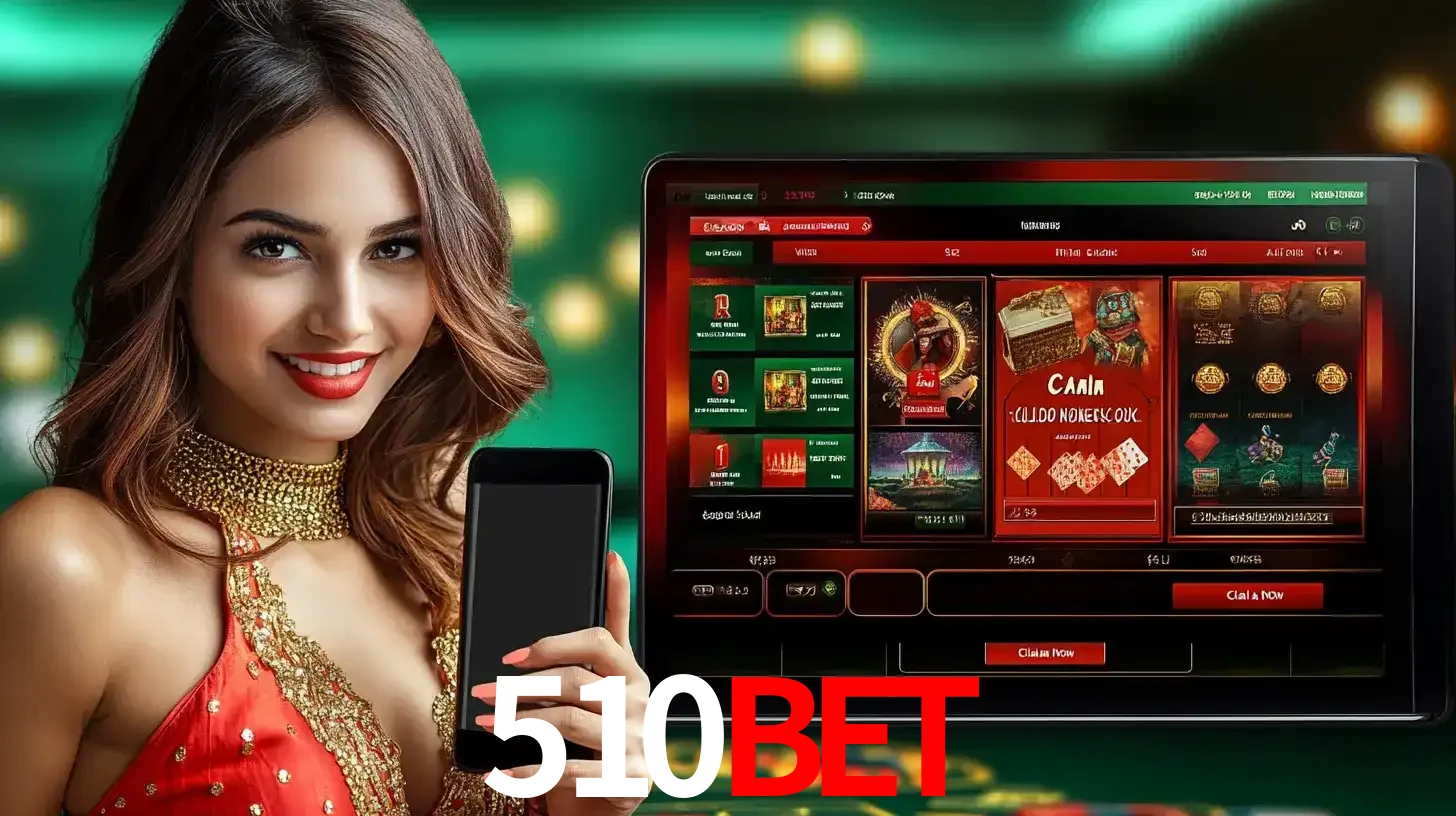 Mulher sorridente segurando um smartphone, ao lado de uma tela exibindo o lobby de jogos do cassino online 510BET, com várias opções de jogos de cartas e slots.