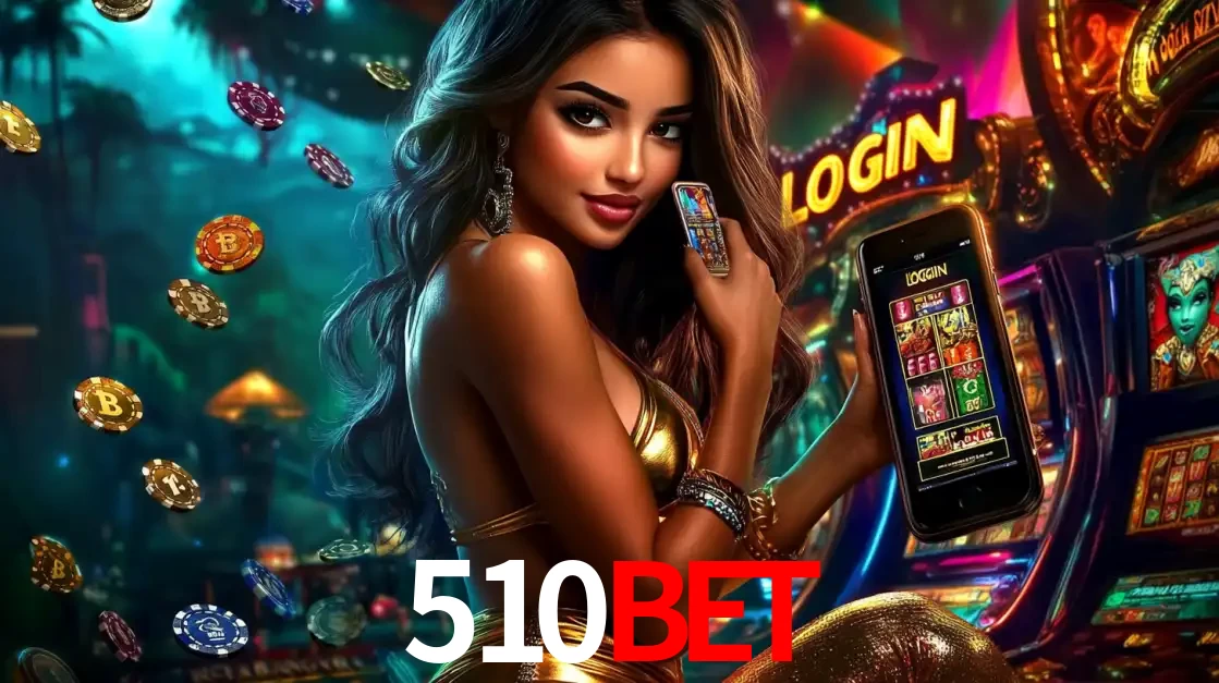 Mulher em um cenário de cassino temático de aventura, mostrando o app de caça-níqueis da 510BET no celular. Fichas de apostas flutuam ao redor.