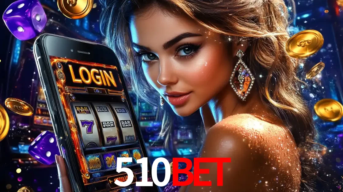Mulher glamorosa segurando um smartphone com a tela de login para os jogos de caça-níqueis do cassino online 510BET, com moedas de ouro e dados ao redor.