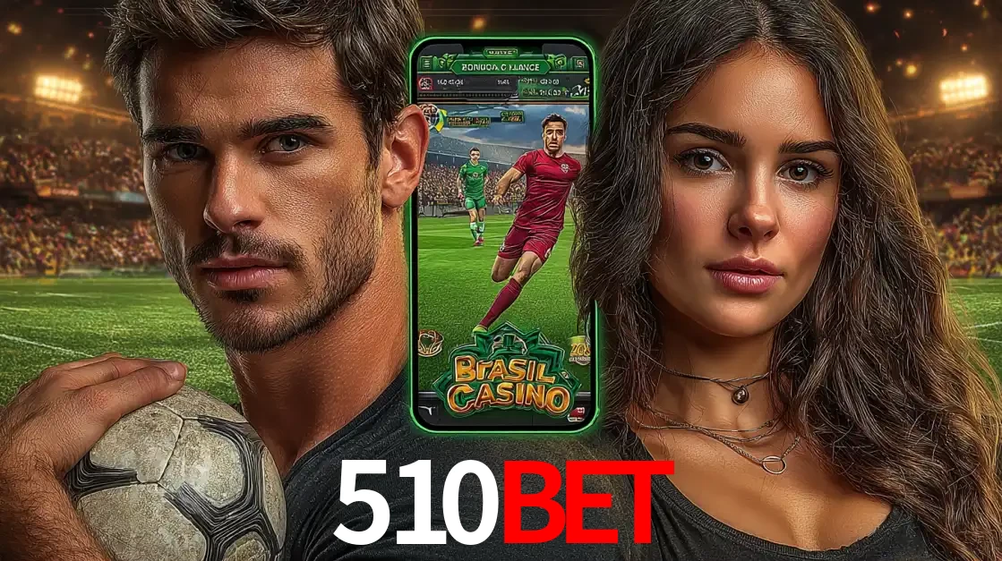 Homem segurando uma bola de futebol e uma mulher ao lado de um smartphone exibindo o jogo de apostas esportivas da 510BET. Faça seu palpite no cassino online.